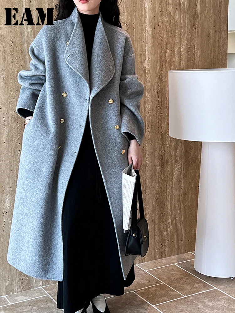 

[EAM] серое длинное элегантное шерстяное пальто большого размера, Новая женская куртка с воротником-стойкой и длинным рукавом, модная осенне-зимняя 2023 1DH2147