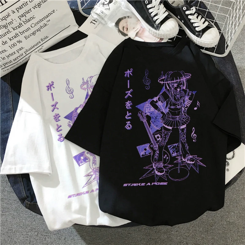 Women T-shirt Oversized Goth Kawaii Harajuku Music Girl Print Black Crop Y2k Short Sleeve Top Female T Shirt Mujer Grunge Kpop