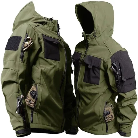 Водонепроницаемая тактическая мужская куртка в стиле милитари с капюшоном и несколькими карманами из мягкой кожи акулы, уличная армейская износостойкая куртка-Карго