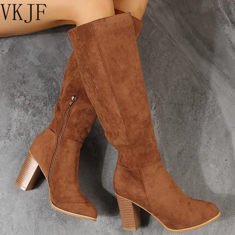 

2022 New Autumn Winter Vintage Side Zipper High Boots Women's Round Head Thick Heel Knee Length Cavaliers' Boots