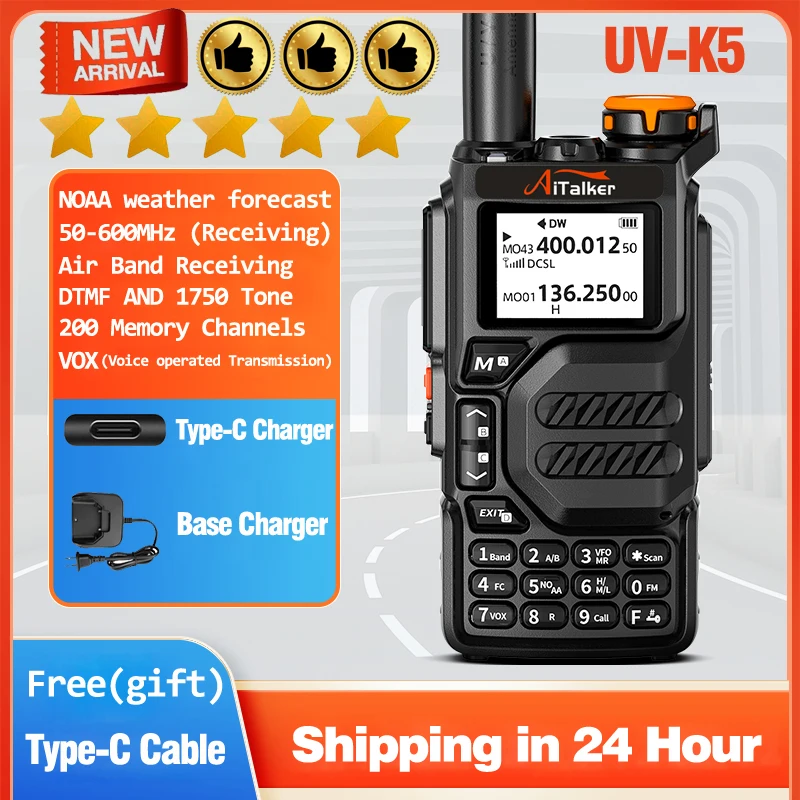 Quansheng Walkie Talkie UV-K5 Long Range Air Dual-Band 2-Way Radio 5W High Power 1600mAh Portable 200 Channel Free TPYE-C Cable
