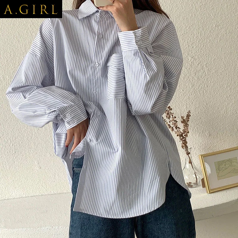 

Полосатые женские рубашки, свободные простые базовые весенние универсальные Топы в Корейском стиле для отдыха, повседневные винтажные жен...
