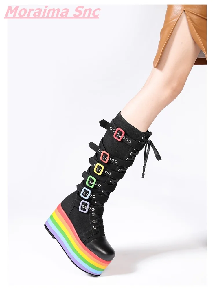 New Colorful Platform Martin Boots High-heeled Breathable Genuine Leather Lace-up Adjustable Women Shoes Comfortable Stress 2022