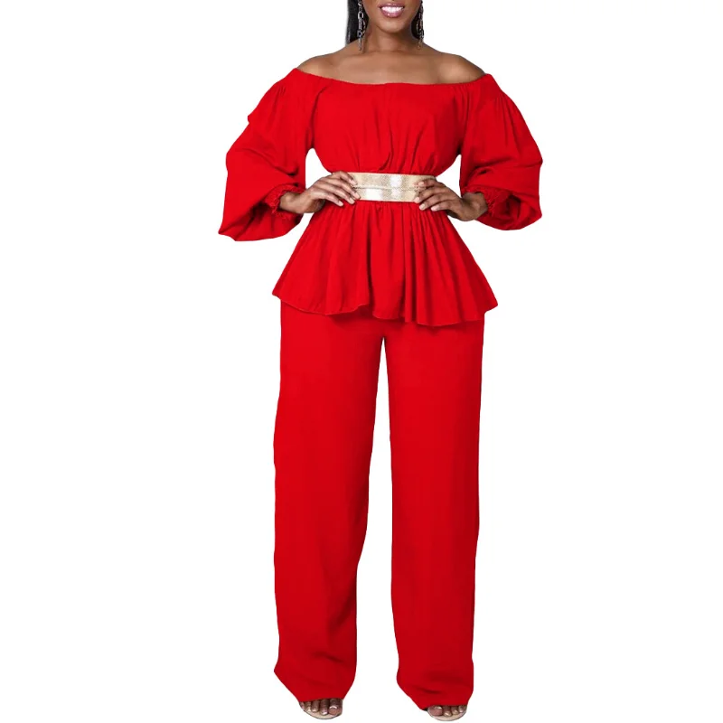 

Летний комплект из двух предметов с поясом, платья в африканском стиле для женщин, новинка 2023, топы с открытыми плечами, брюки с широкими штанинами, подходящие комплекты