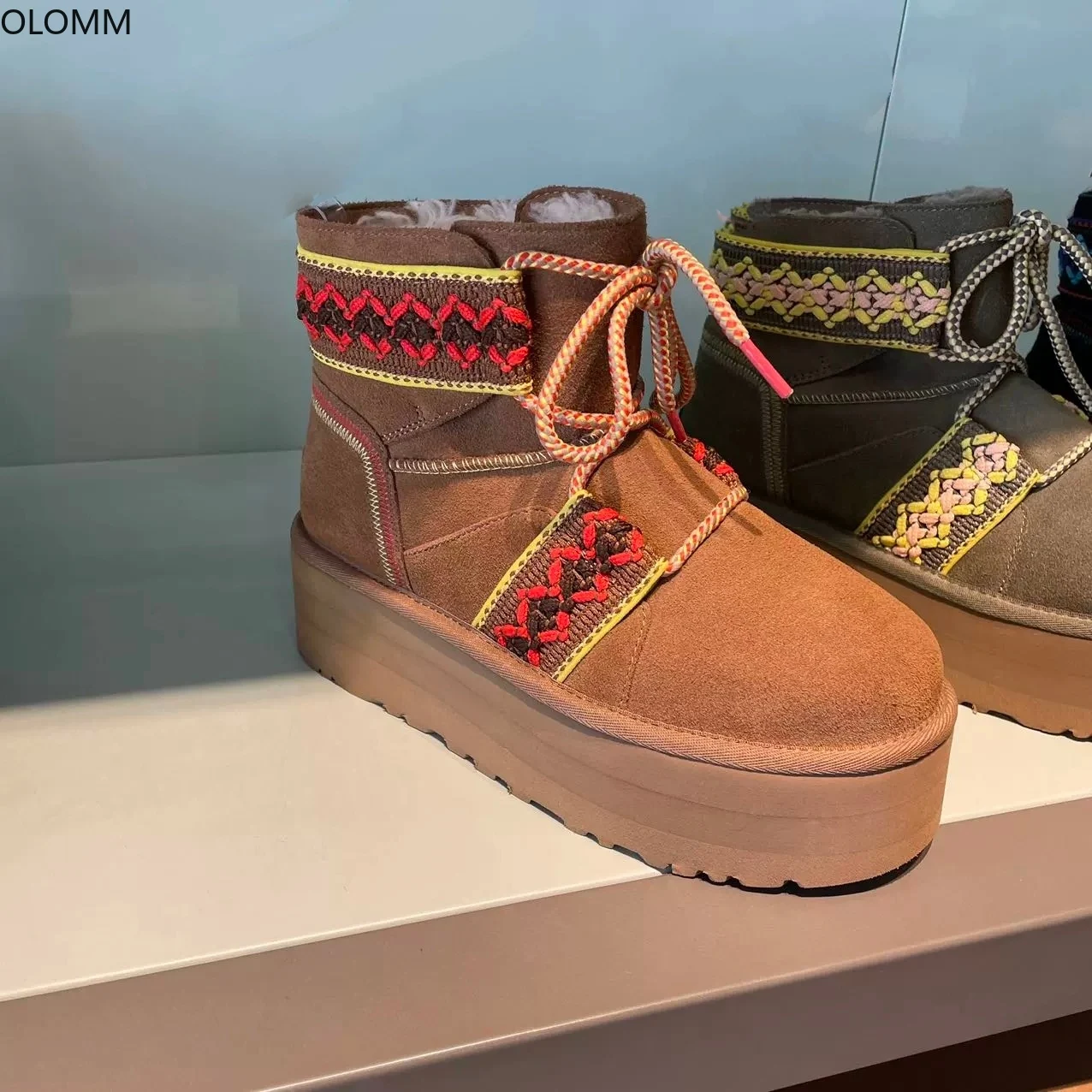 

Женские ботильоны на платформе, теплые зимние ботинки в этническом стиле с круглым носком, на высоком каблуке, со шнуровкой, на толстой подошве, новинка 2023