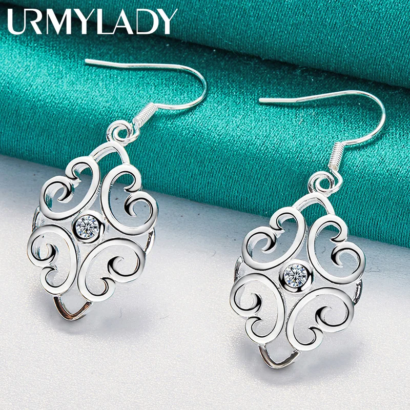 

URMYLADY 925 Sterling Silver Hollow Flower Heart Earrings Eardrop For Women Wedding Engagement Fashion Charm Jewelry