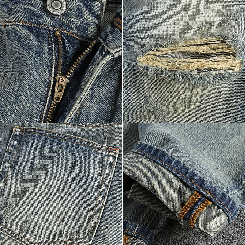 Винтажные синие джинсы с большими дырками в стиле ностальгии мужские свободные