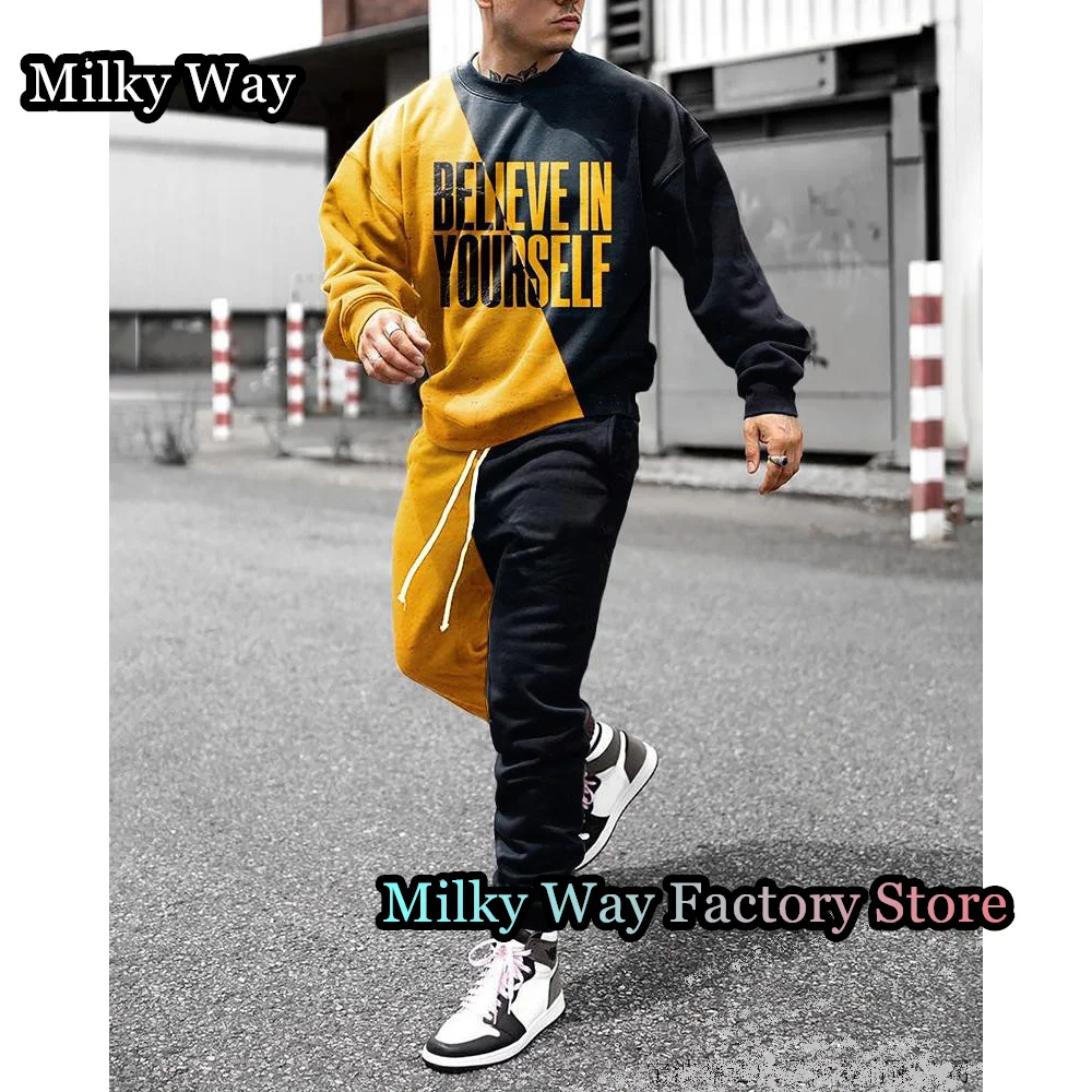 New Spring Autumn Men's Tracksuit Fashion Casual Long Sleeve T-shirts Trousers Suit Solid Color Streetwear Outfit Clothing Set