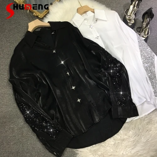 

Heavy Embroidery Sequins Blouse High-End Silver Buttons Loose Mid-Length Slimming Oversized Shirt Black Long Sleeve Tops Autumn