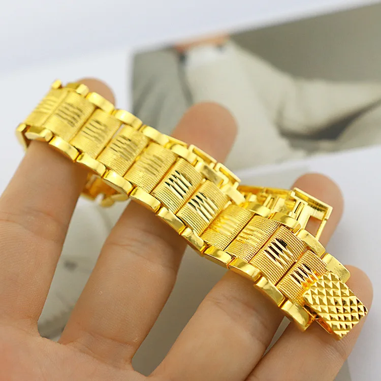 Купи Luxury Pure 24K Gold Color Men's Bracelet Wide Version Personalized Gold Plated Watch Chain Bangle Bracelet Jewelry Jewelry за 1,434 рублей в магазине AliExpress