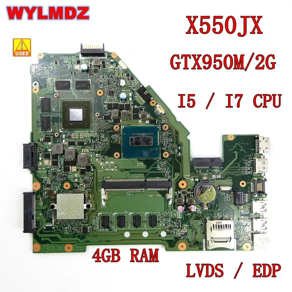 

Бывшая в употреблении материнская плата для ноутбука X550JX EDP/LVDS GTX950M i5/I7CPU 4GB RAM Материнская плата Asus X550J X550JK FX50J A550J K550J X550JF X550JD