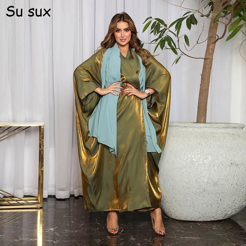 Блестящее атласное платье-абайя для женщин мусульманское платье кафтан ислам