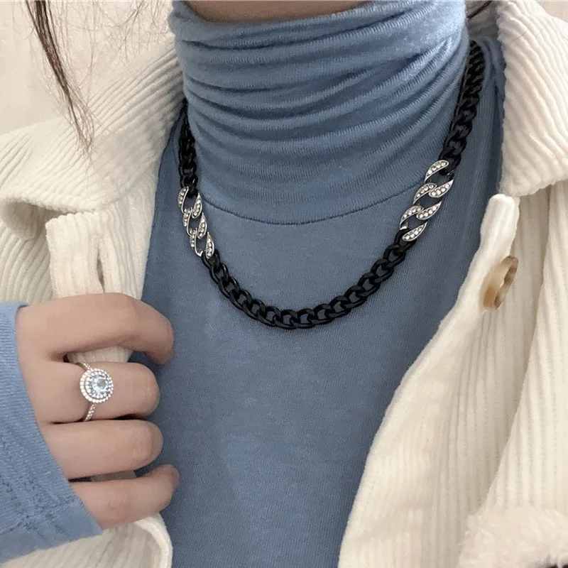 

Minar Punk Hip Hop Black Color Chunky Cuban Chain Necklace for Women Shinning Rhinestones Hollow Curb Chokers Necklaces Jewelry