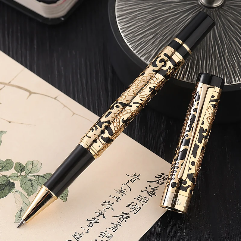 

JINHAO 5000 Luxurious Metal Rollerball Pen Beautiful Dragon Texture Carving, Gray and Gold Color Gel Pens for Office Business