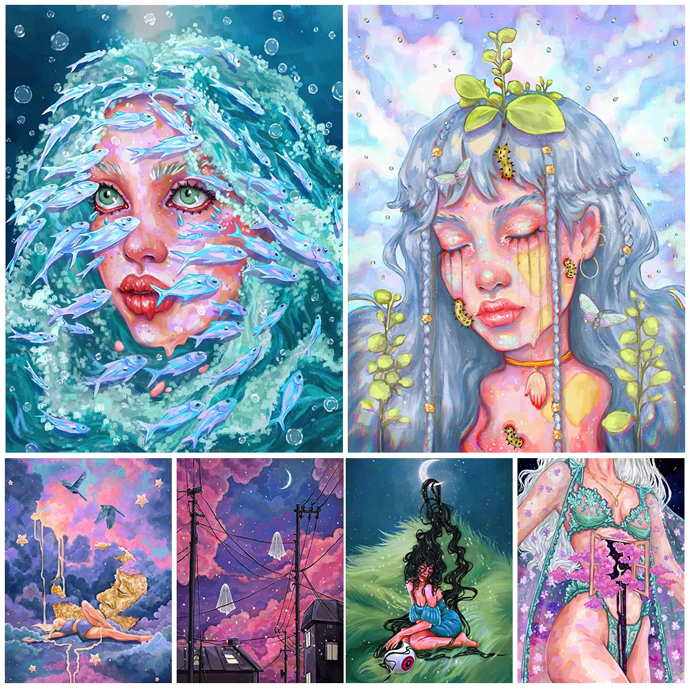 

Witch,Ghost,Fairy Girl Surreal Fantasy Art Poster And Print Mysterious Dream Girl Wall Art Canvas Painting Home Decor Unframed