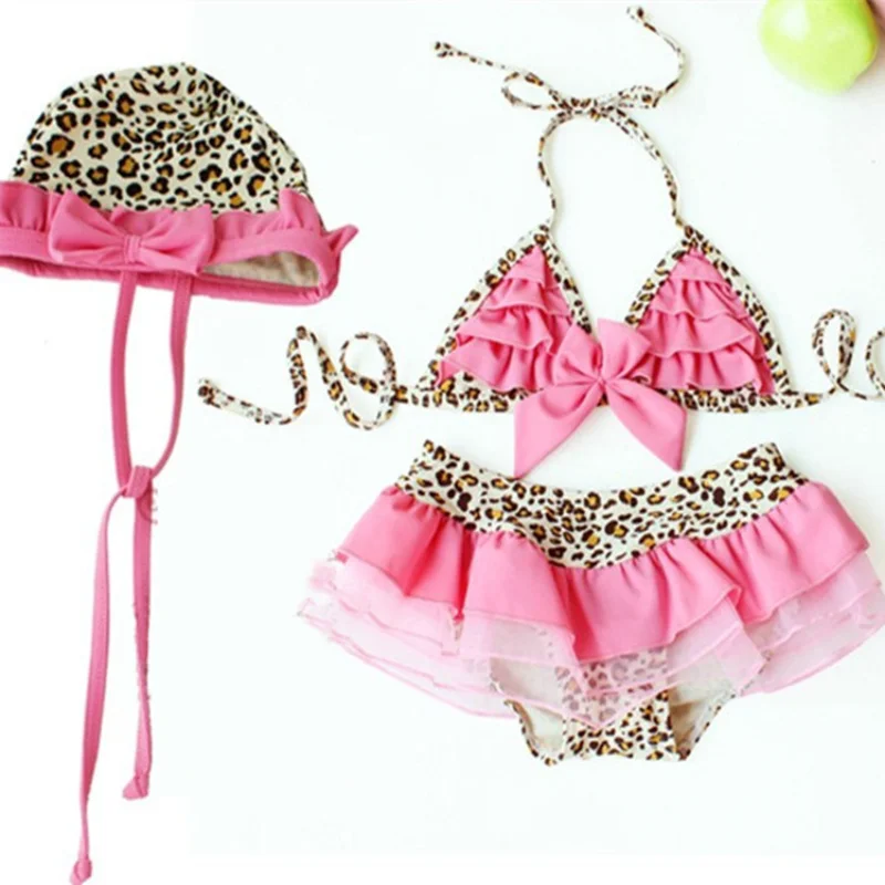 

2023 New Children's Swimsuit Infant Girls Leopard Pattern Bikini Girl Beachwear Girls Bikini Two-piece Split Swimsuit with Cap