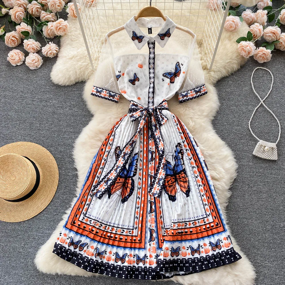 

Women's Runway Fashion Spring Summer Long Sleeve Butterfly Print Shirt Dress Female High Waist Chic Party A-line Dress TB2478