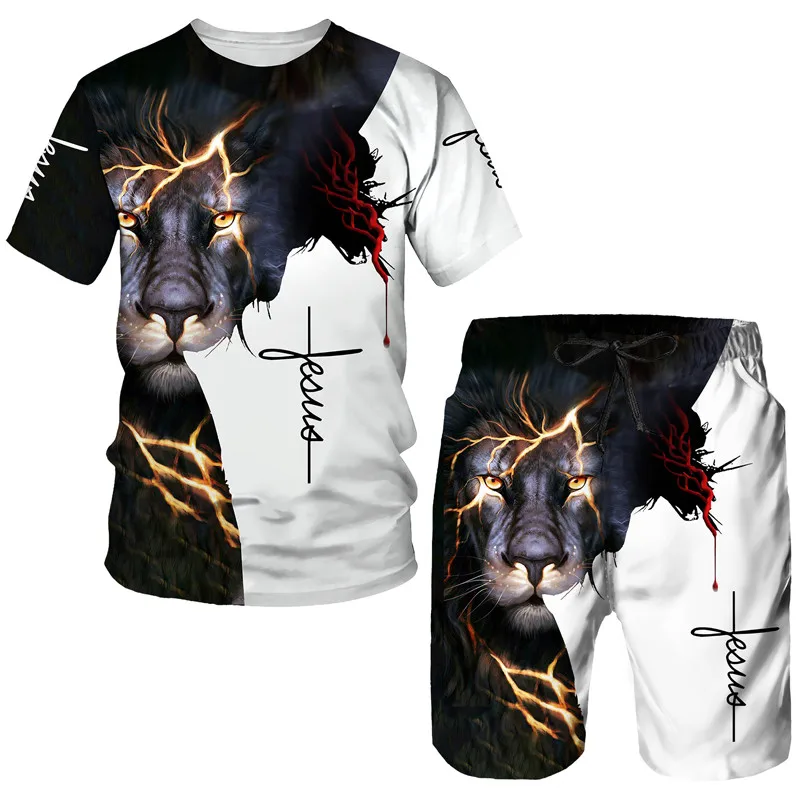 

Summer 3d Lion Cross Print Men T-shirts/shorts/suit Short Sleeve Jesus Love Everyone Christian Street Wear 2 Pcs Tracksuit Set