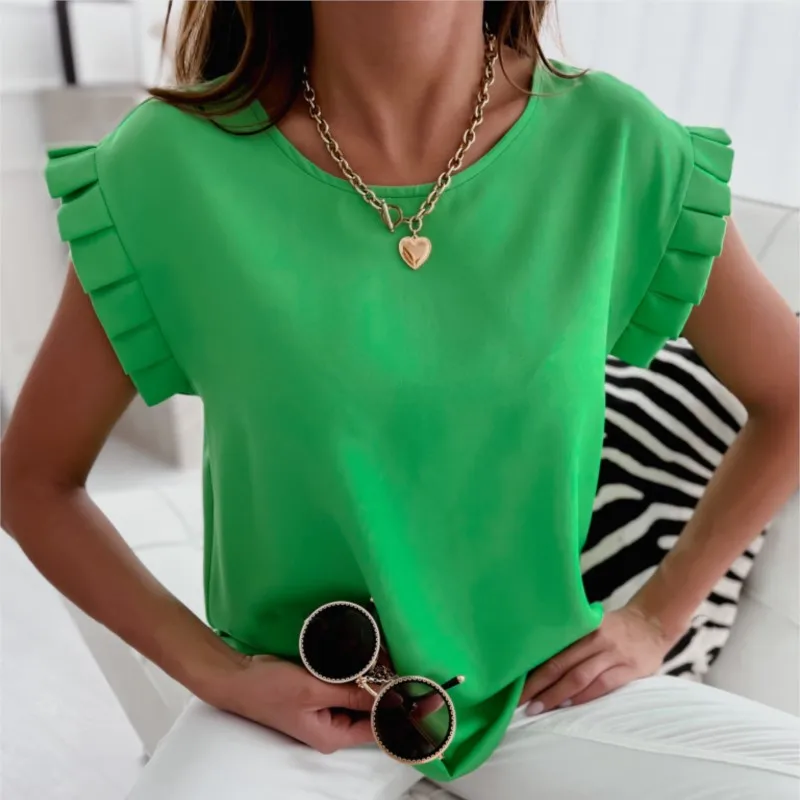 

Summer Blouse Casual Slim Short-sleeved Round Neck Pleated Splicing Camisa 2023 Women Tops Fashion White Pullover Shirts Blusas