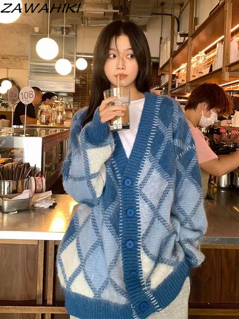 

Japanese Harajuku Plaid Print Sweater Women Kawaii Loose V-neck Long Sleeve Button-up Knitted Jumper Y2k Clothes Knitwear