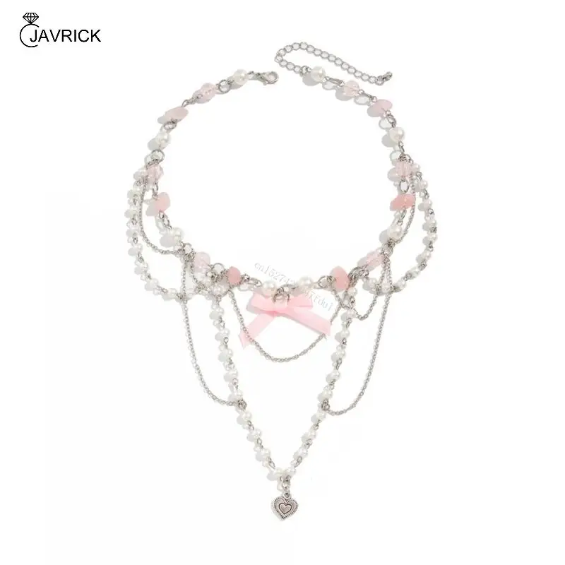 Стильное ожерелье с подвеской в ​​виде банта и сердца из искусственного жемчуга