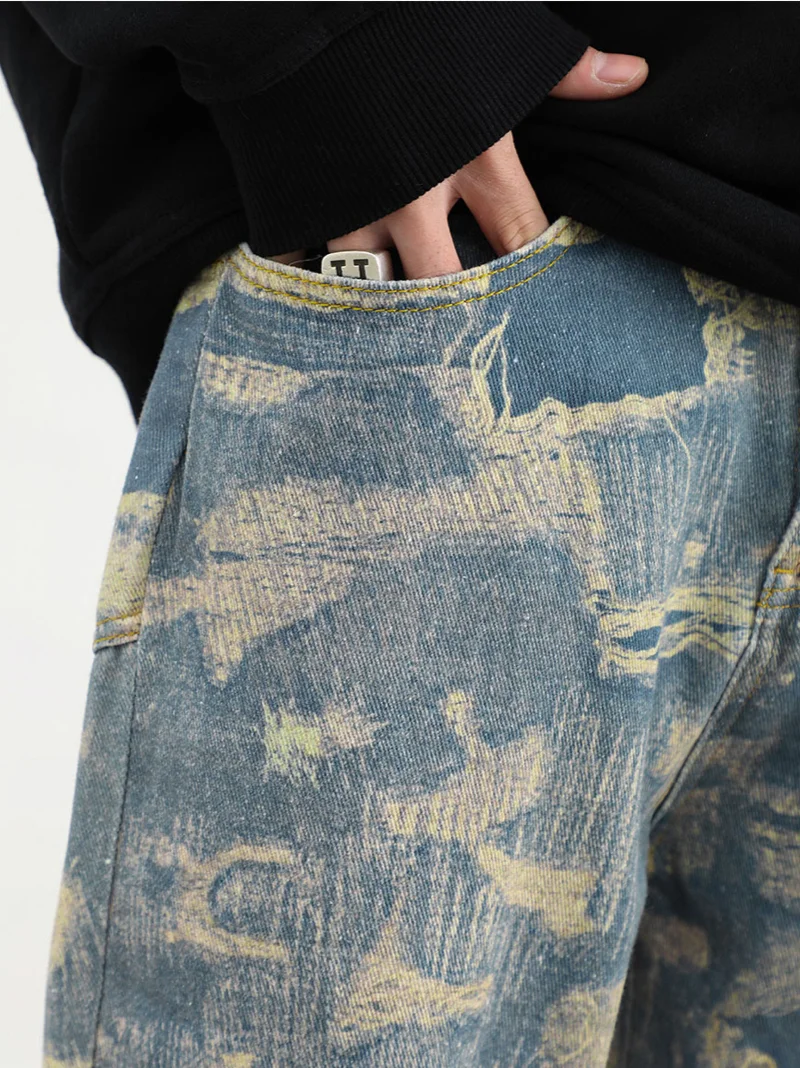 Men Fake Ripped Destroied 3D Printed Denim Jean Pants Fashion Biker Jeans Streetwear Loose Straight Pants Jogger Y2k Men’s Jeans