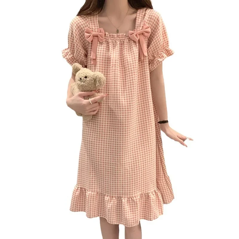 Женское платье для сна из хлопковой пены с короткими рукавами и квадратным