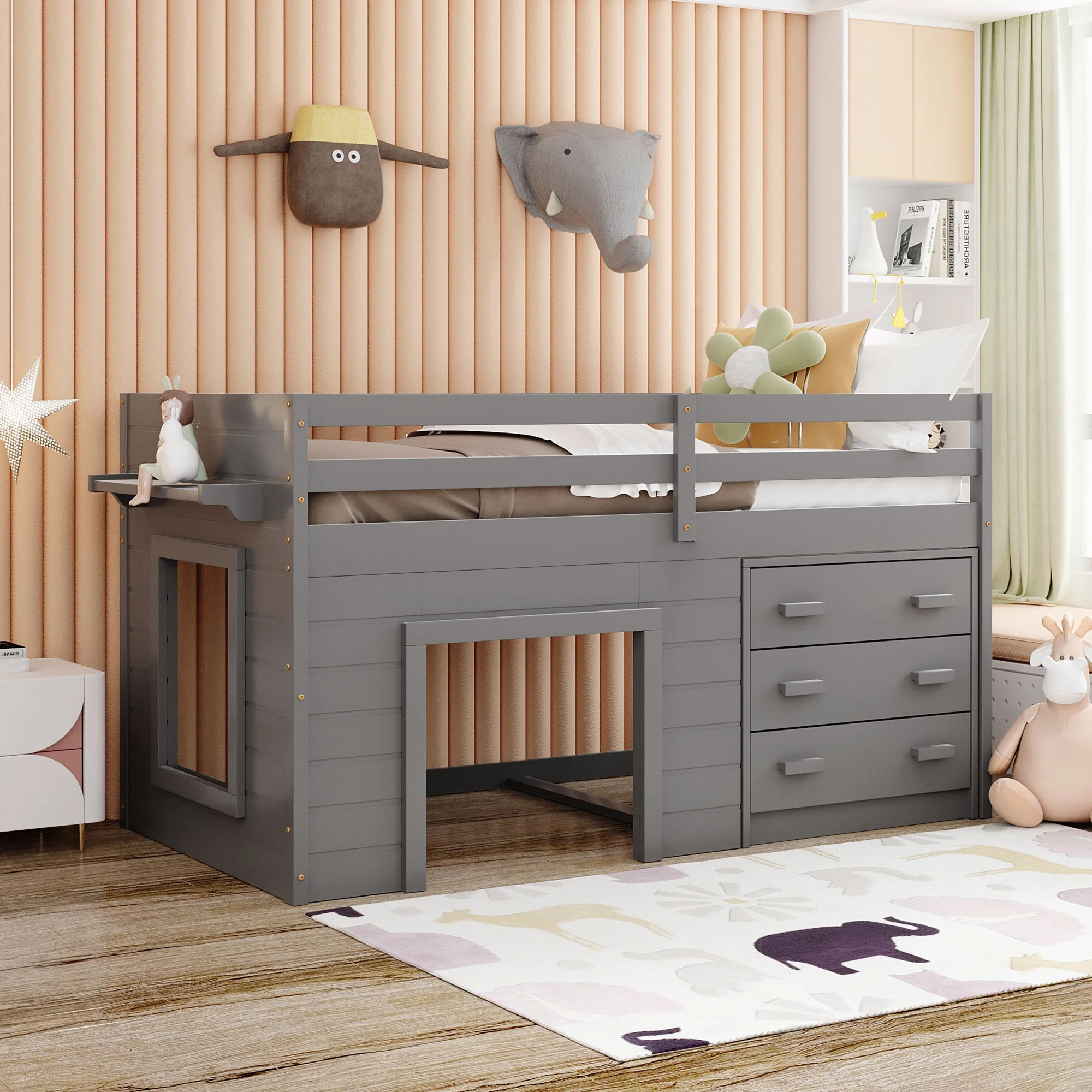 

Twin Size Loft Bed with Cabinet and Shelf - Gray