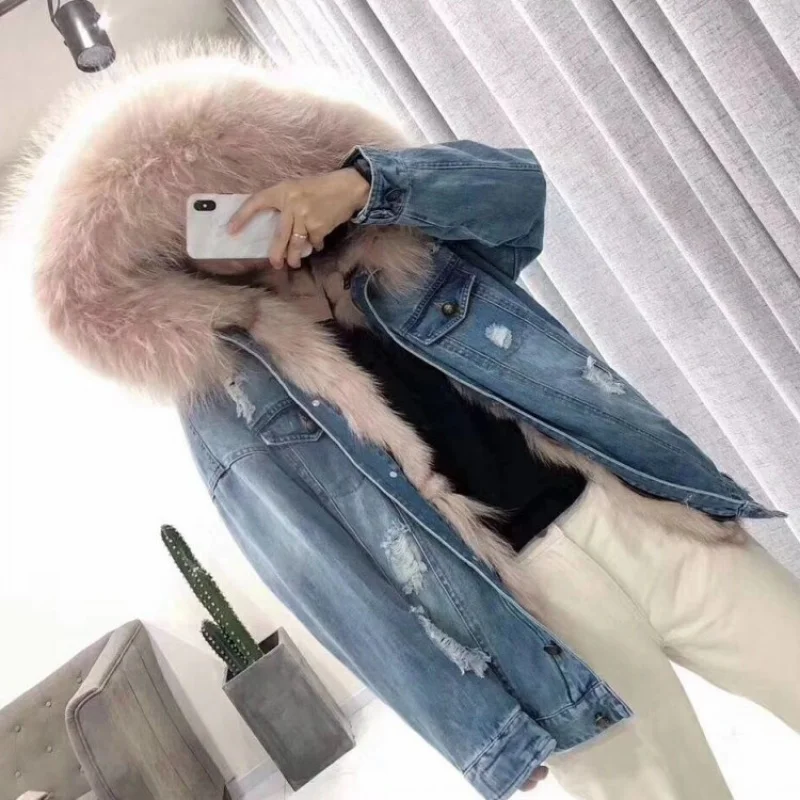 Parka Women's Mid-Length Denim Shell Fox Liner Fur Coat for Women100%Genuine fur street cowboy