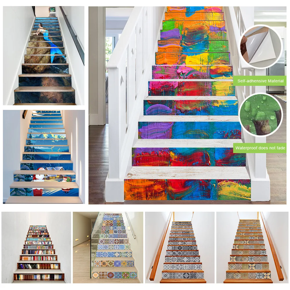 

6pcs/13pcs Self-adhesive Stair Riser Floor Sticker Staircase Stickers Splicing Art PVC Waterproof DIY Stairway Decals Home Decor