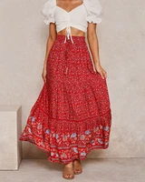 2021 summer new emperament a line skirts women ruffles elegant slim print floral pathwork big swing fold skirt female casual red
