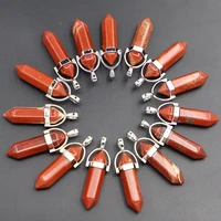 natural colored red stone pillar point pendant silver hexagonal column shape necklace jewelry accessories making wholesale 24pcs