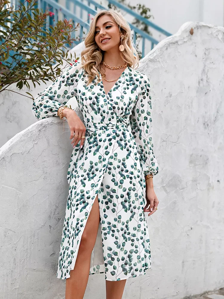 

New2022 Elegant Green Leaf Print Dress Sexy Spring Long-sleeved V-neck Women Dresses 2022 Office Wrap Lace-up A-line Vestidos
