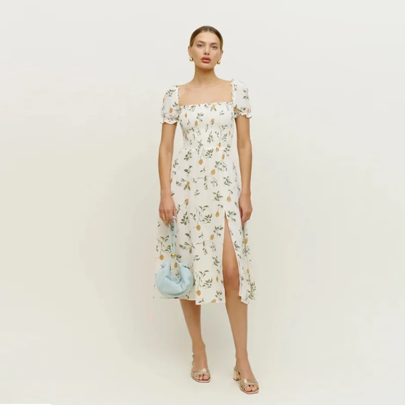 

Reform@tion 2023 Summer New Printed Dress Women's French Retro Slim Fit Bubble Sleeve Split Mid length Dress