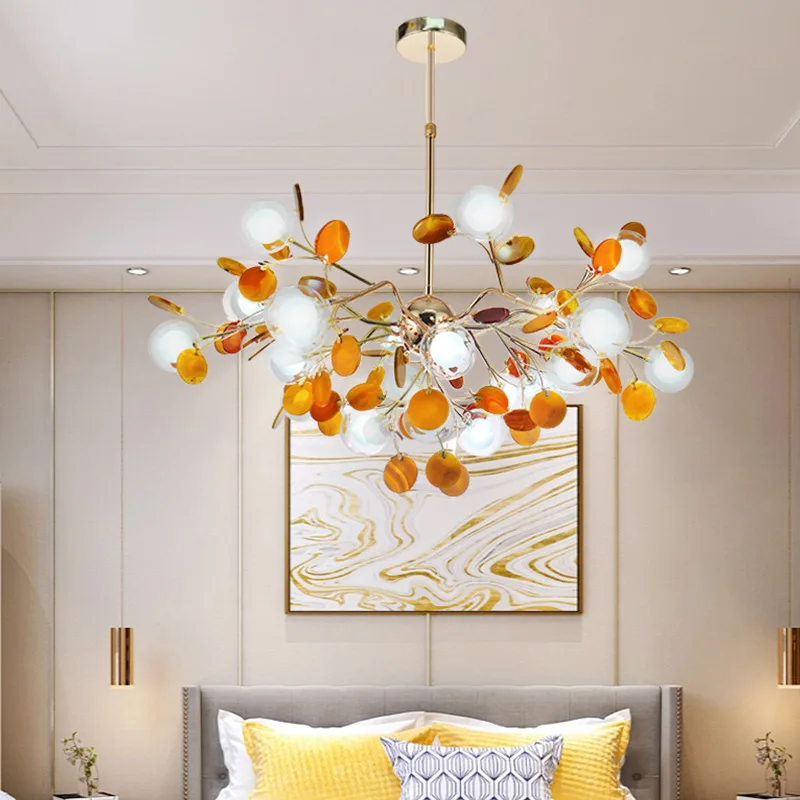 Цена Скандинавская светодиодная люстра в виде светлячков с пузырьковым шаром, креативный романтический светильник из натурального цветного Аг...