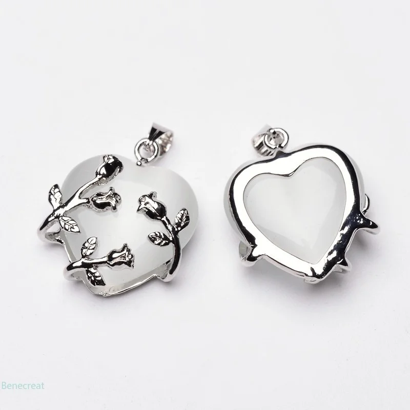 

2PC Valentine Idea for Her Gifts Cat Eye Pendants with Brass Findings Heart Platinum Color White 25x21x9mm Hole: 5x4mm