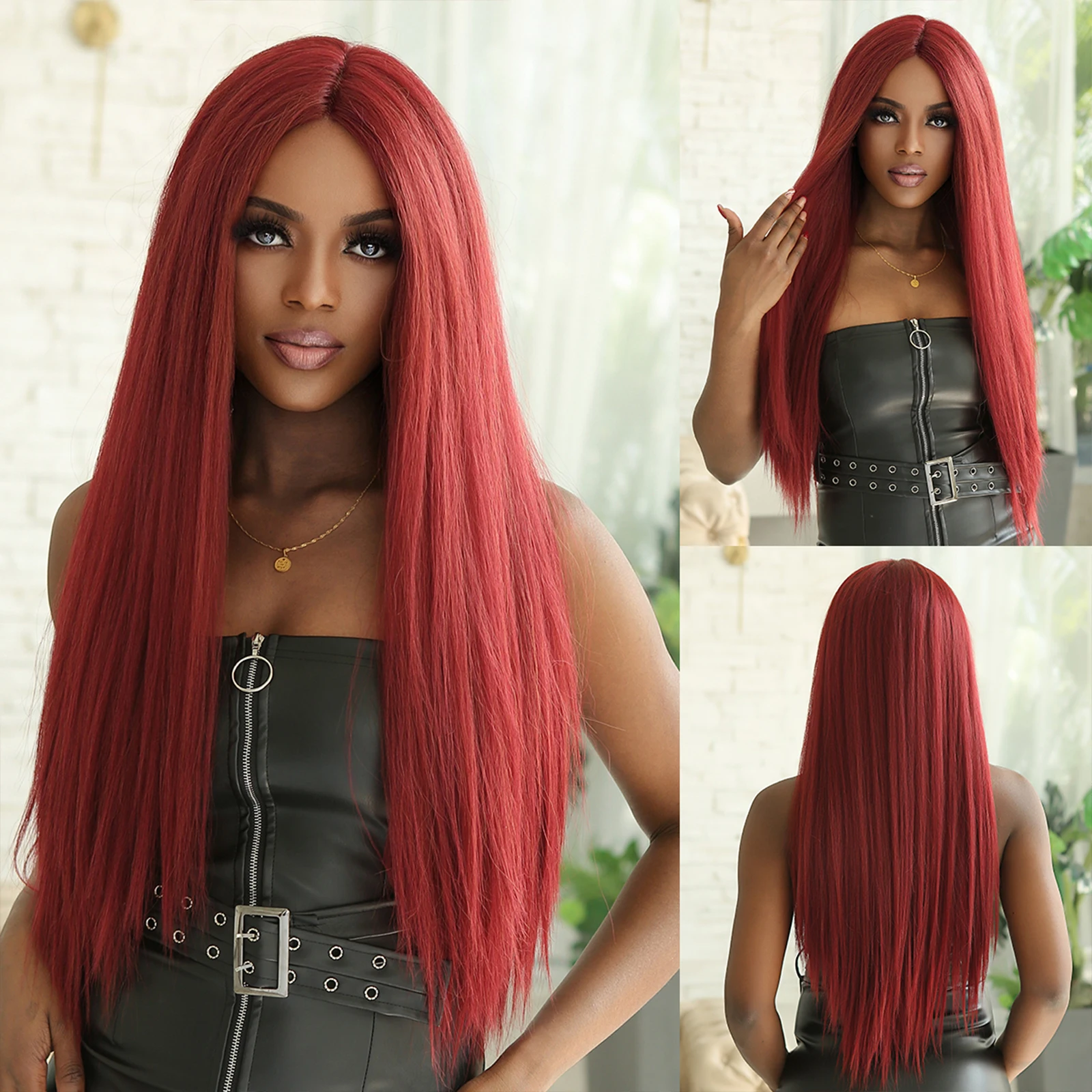 

HAIRCUBE Dark Red 13*1 Lace Front Synthetic Wigs Long Straight Red Middle Parted Hair Wigs for Black Women Daily Cosplay Hair