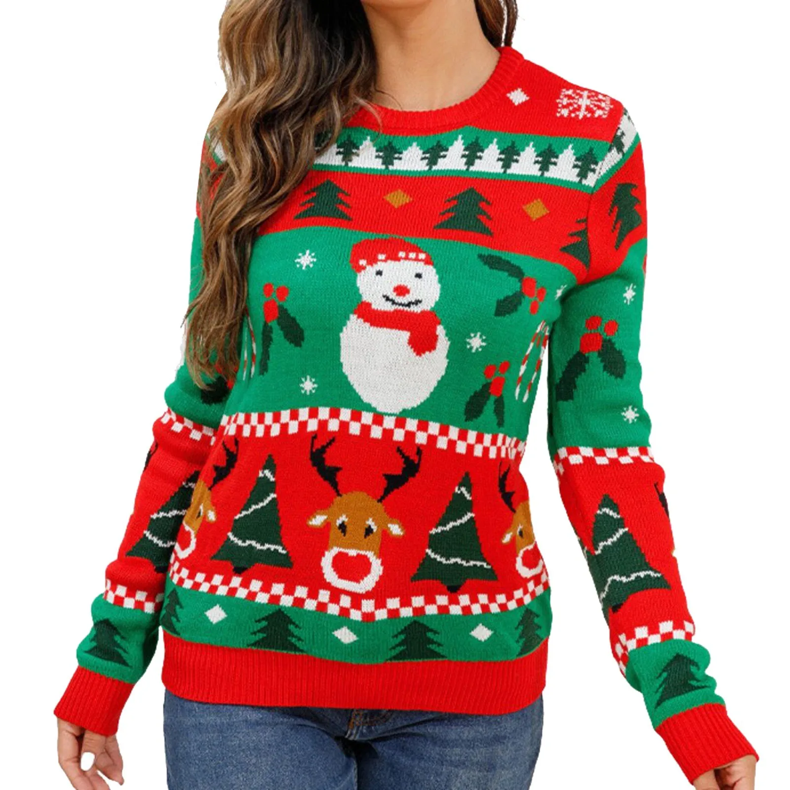 

Women's Fashion Christmas Sweater Contrast Snowman And Deer Cartoon Jacquard Long Sleeve Round Neck Pullover Warm Sweater Women