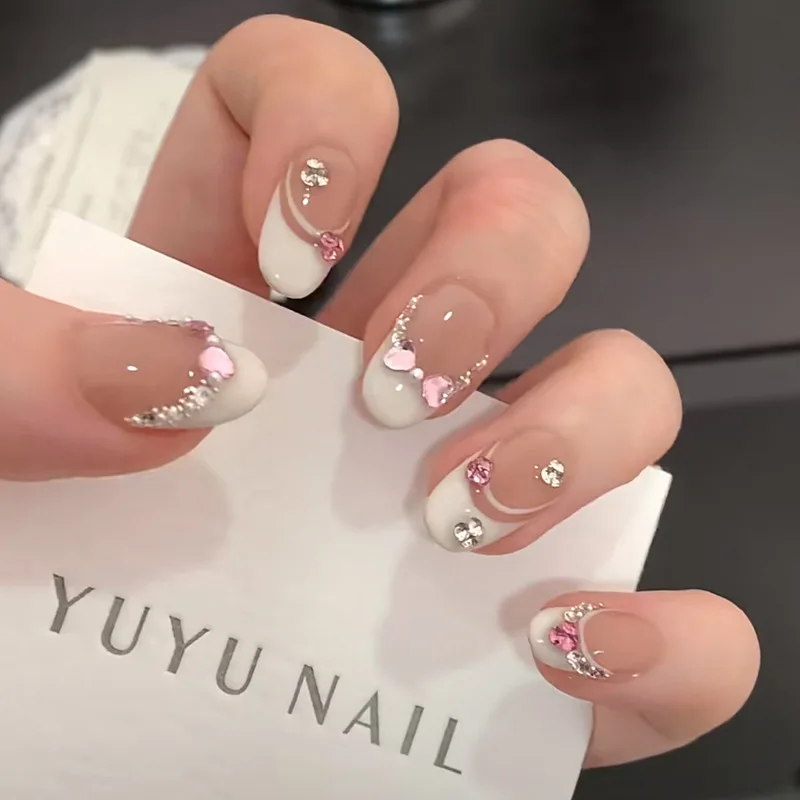 10 шт. короткие овальные блестящие французские накладные ногти ручной работы