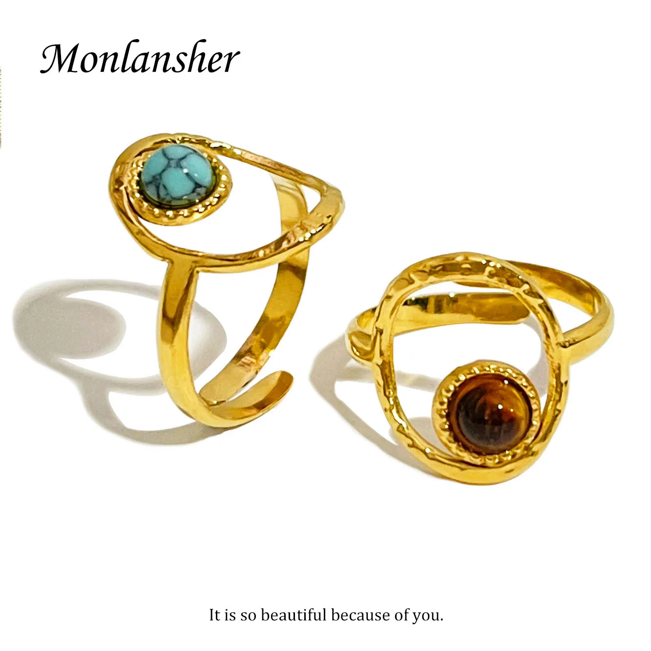 

Monlansher Tiger Eye Turquoise Natural Stone Ring for Women Adjustable Gold Hollow Stainless Steel Gem Stone Ring кольцо женское
