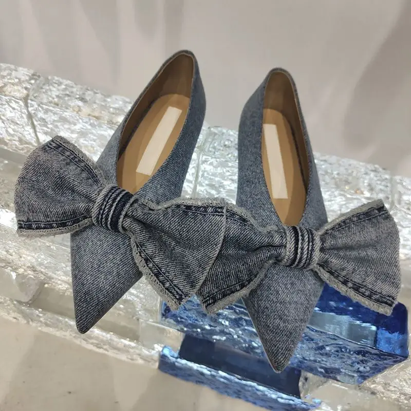 2023 Spring and Summer New Niche Pointed Toe Big Bow Flat Shoes Denim Shallow Mouth Pumps Women
