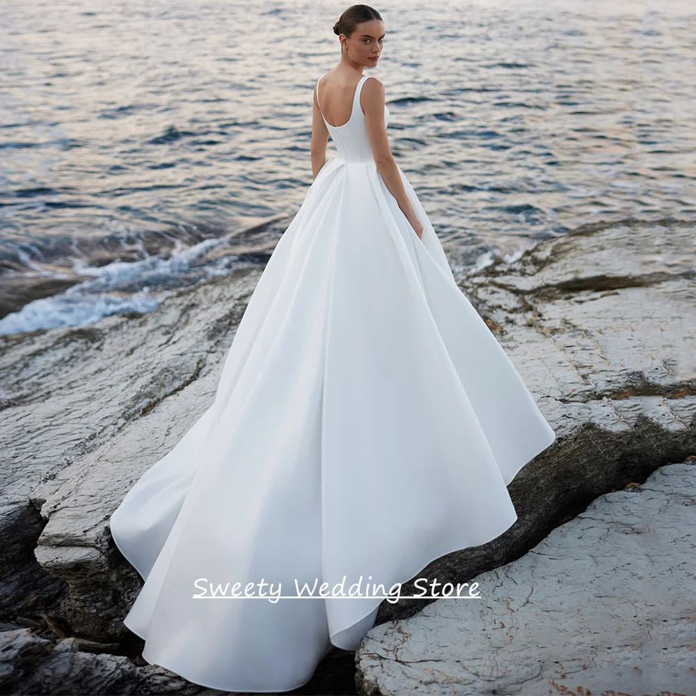 Фото Простое свадебное платье Vestidos De Novia 2026 на заказ, с квадратным вырезом, без рукавов, со шлейфом, на молнии сзади, из атласа, для невесты №2