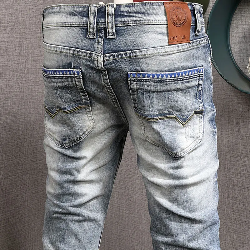 Fashion Designer Men Jeans Retro Washed Light Blue Elastic Stretch Slim Fit Ripped Jeans Men Printed Vintage Denim Pants Hombre