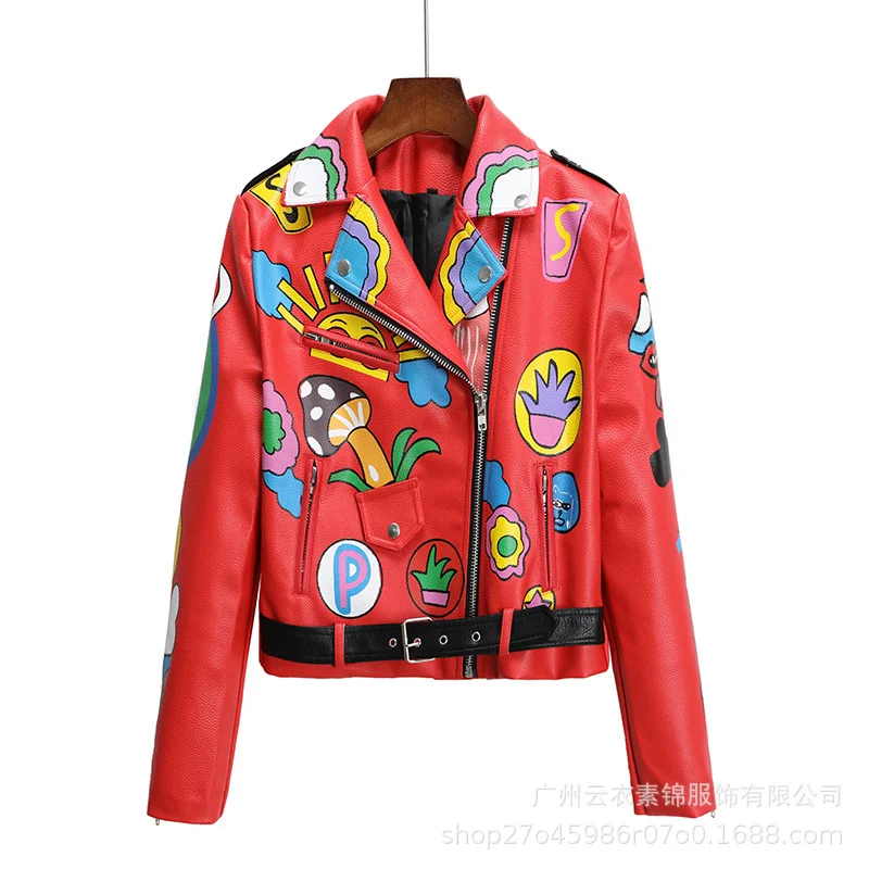 European And American Fashion Printed Rivet Color Contrast  Leather Coat Motorcycle Women'S Personality Trend Red Suit  Lapel