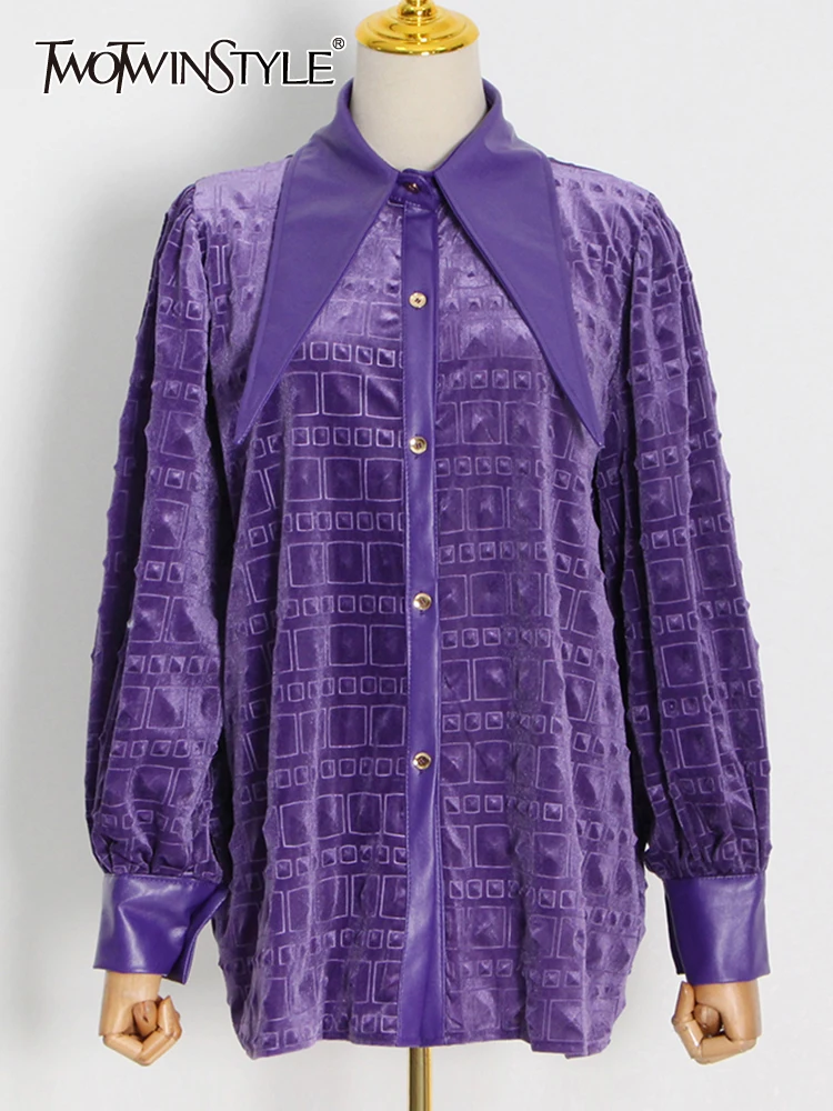 

TWOTWINSTYLE Loose Purple Shirt For Women Lapel Long Sleeve Solid Minimalist Button Through Blouse Female Fashion Clothing Style