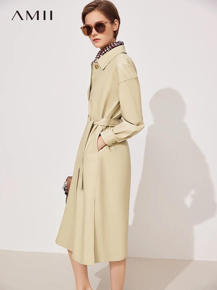 Женская однобортная кожаная куртка Amii длинное пальто с поясом в минималистском