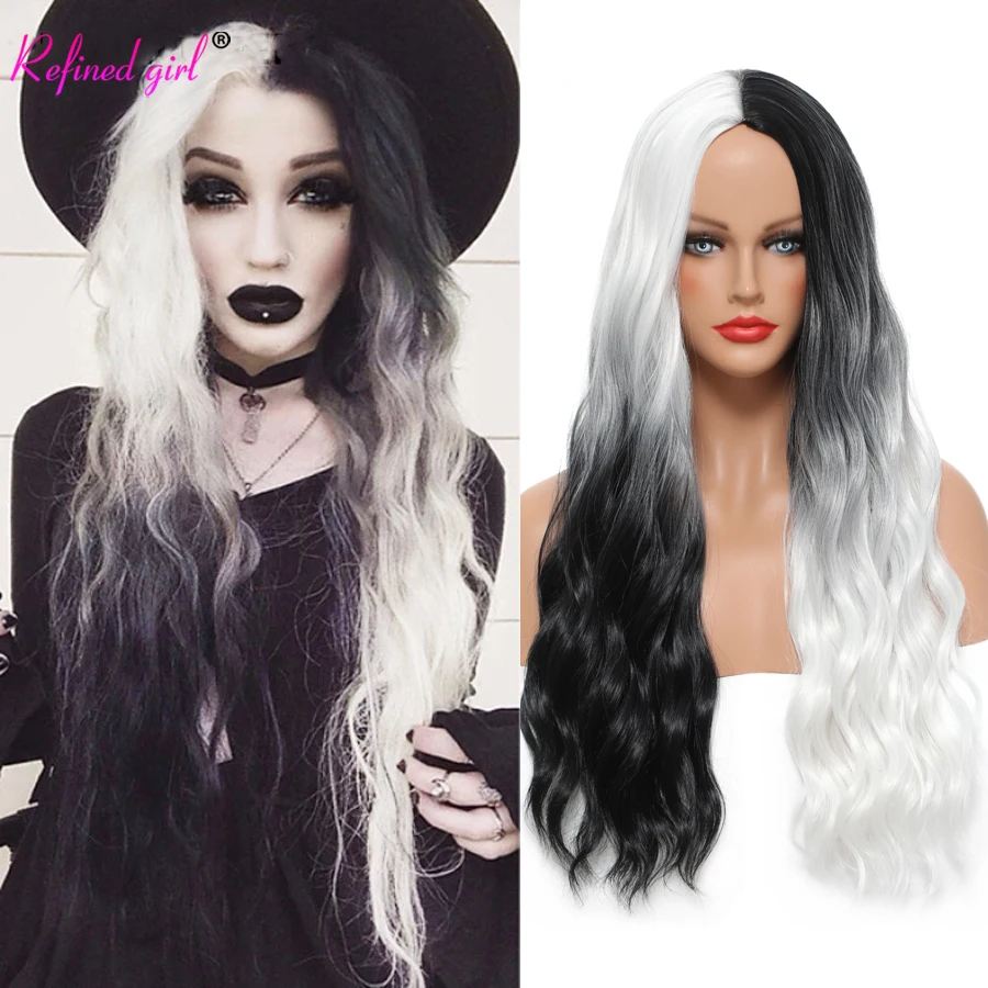 

Refined Girl White Black Ombre Synthetic Wig Long Wavy Heat Resistant Hair Wigs Aiva Drag Queen Cosplay Wigs For Women girls