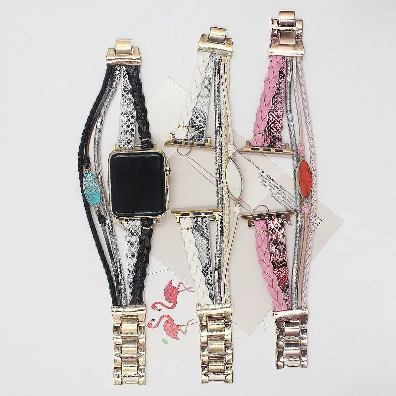 Luxury Bohemia Strap For Apple Watch series 7 41mm/45mm 44mm/40mm Metal Braided charm Leather bracelet iwatch 5 4 3 6 SE band 42