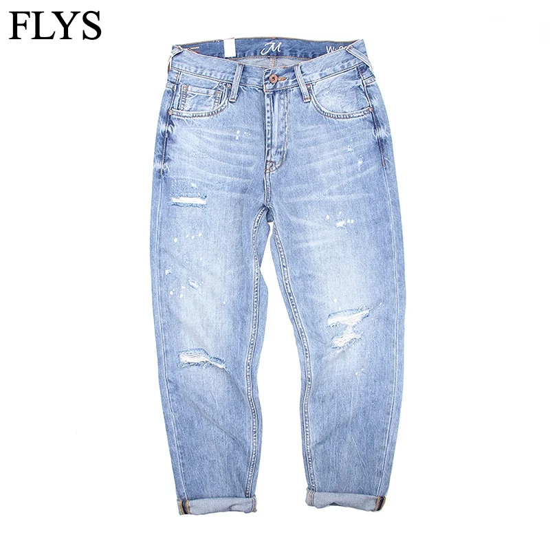 

Spring Summer Ripped Jeans Men's Light Color Tapered Pencil Pants Printed Japanese Retro Style Trends Loose Trousers