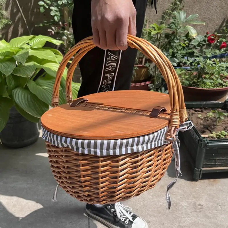 

Picnic Basket Picnic Basket Natural Woven Woodchip With Double Folding Handles Easter Basket Vintage-Style Wicker Picnic Hamper